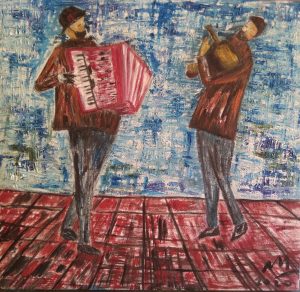 Músicos en la ciudad vieja, pintura de Marisol Cabrera